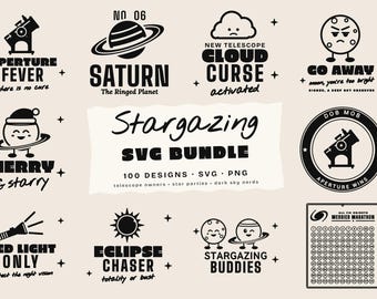 May include: A digital collection of black and white astronomy-themed graphic designs featuring telescopes, planets, and stars. Text includes Stargazing SVG Bundle, Aperture Fever, Saturn, Cloud Curse, Go Away, Merry & Starry, Dob Mob, Red Light Only, Eclipse Chaser, Stargazing Buddies, and Messier Marathon.