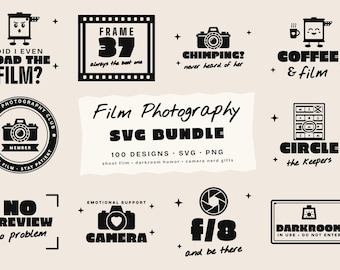 May include: A collection of black graphic designs on a light background featuring film photography themes. Text includes "DID I EVEN LOAD THE FILM?", "FRAME 37", "CHIMPING?", "COFFEE & film", "ANALOG PHOTOGRAPHY CLUB", "NO PREVIEW", "EMOTIONAL SUPPORT CAMERA", "f/8", and "DARKROOM IN USE".