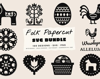 May include: A collection of black papercut-style vector graphics on a light background, featuring Dala horses, roosters, eggs, flowers, and hearts. The central text reads Folk Papercut SVG BUNDLE, 100 DESIGNS, SVG, PNG, WYCINANKI, DALA HORSES, CUT-READY, COMMERCIAL USE, Wesołego ALLELUJA.