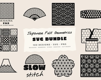 May include: A digital collection of black and white Japanese-inspired geometric patterns and icons. The text reads Japanese Folk Geometrics SVG BUNDLE, 100 DESIGNS, SVG, PNG, SEIGAIHA, ASANOHA, KIKKO, SASHIKO, CUT-READY, SLOW STITCH, and SEIGAIHA.