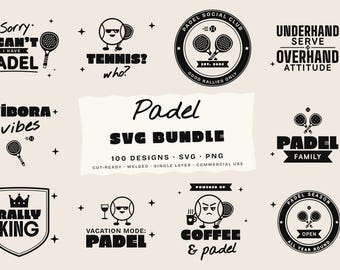 May include: A digital collection of black and white Padel-themed graphic designs featuring text and illustrations of rackets and balls. The central text reads Padel SVG BUNDLE 100 DESIGNS SVG PNG. Various slogans include Sorry I CAN'T I HAVE PADEL, TENNIS? who?, RALLY KING, and COFFEE & padel.