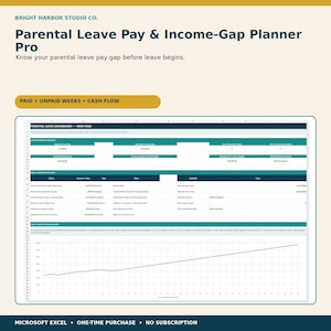 May include: A digital Parental Leave Pay & Income-Gap Planner Pro spreadsheet for Microsoft Excel. The interface features a Parental Leave Dashboard with sections for leave earnings, income gaps, cash flow, and a line graph showing projections.