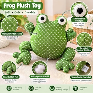 May include: A green frog plush toy with white polka dots, featuring embroidered felt eyes, hand-cut felt pads, and backstitch contour stitching. The toy is filled with soft polyester fiberfill and includes a woven textile care label.