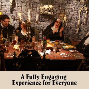 May include: A group of people, including individuals in religious attire, are seated around a table laden with food and drinks. The scene is set in a room with stone walls, candles, and decorative elements. The text "A Fully Engaging Experience for Everyone" is at the bottom.
