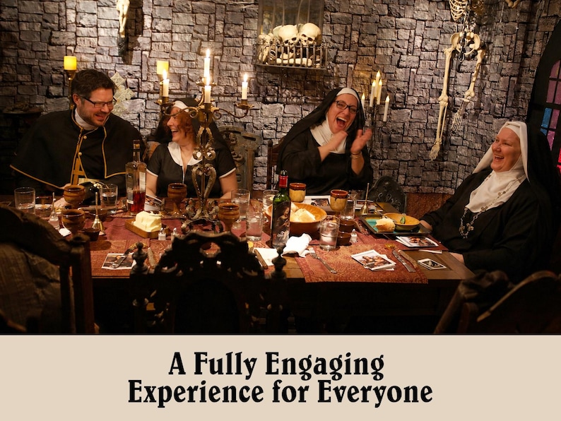 May include: A group of people, including individuals in religious attire, are seated around a table laden with food and drinks. The scene is set in a room with stone walls, candles, and decorative elements. The text "A Fully Engaging Experience for Everyone" is at the bottom.