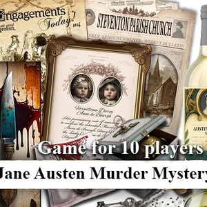 JANE AUSTEN Murder Mystery game download. Vintage style look,  booklets, clues , Party, Printable, Dinner Party, instant download.