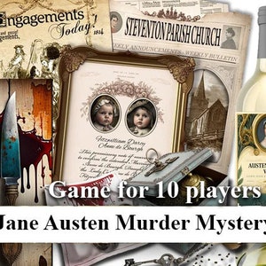 JANE AUSTEN Murder Mystery dinner party game download. Vintage style, booklets, clues ,Printable, Dinner Party, instant download.