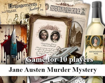 JANE AUSTEN Murder Mystery dinner party game download. Vintage style, booklets, clues ,Printable, Dinner Party, instant download.