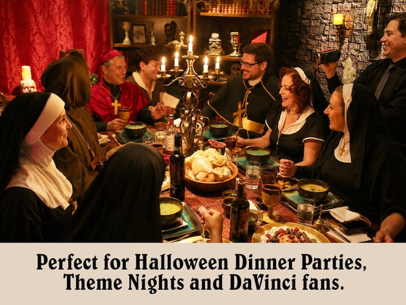 May include: A group of people dressed in medieval costumes are seated around a candlelit table, enjoying a meal. The scene is set in a dimly lit room with red curtains and stone walls, creating a festive atmosphere.
