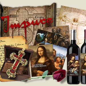 May include: An artistic composition featuring wine bottles, a decorative cross, and reproductions of famous artworks. The image includes a red rose, a scroll, and the text "Impulse" in red. The wine bottles have labels with Renaissance art.