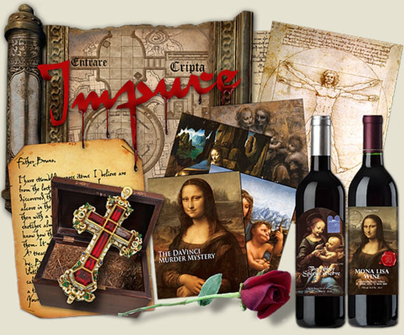 May include: An artistic composition featuring wine bottles, a decorative cross, and reproductions of famous artworks. The image includes a red rose, a scroll, and the text "Impulse" in red. The wine bottles have labels with Renaissance art.