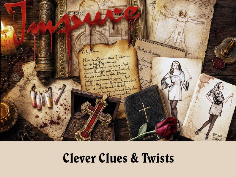 May include: A vintage-themed composition with aged paper, a cross, and illustrations. The word "Inspire" is written in red, dripping letters. The text "Clever Clues & Twists" is at the bottom.
