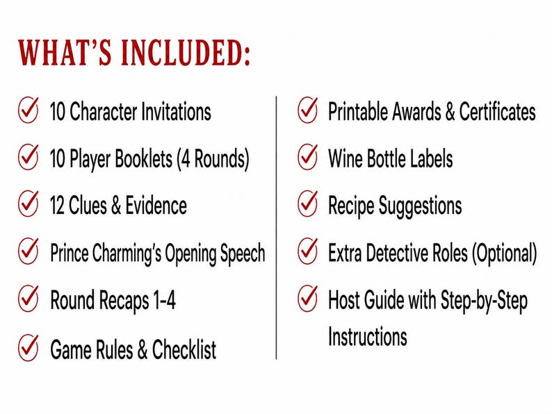May include: A list titled WHAT'S INCLUDED: featuring 10 Character Invitations, 10 Player Booklets, 12 Clues & Evidence, Prince Charming's Opening Speech, Round Recaps 1-4, Game Rules & Checklist, Printable Awards, Wine Labels, Recipes, and a Host Guide.