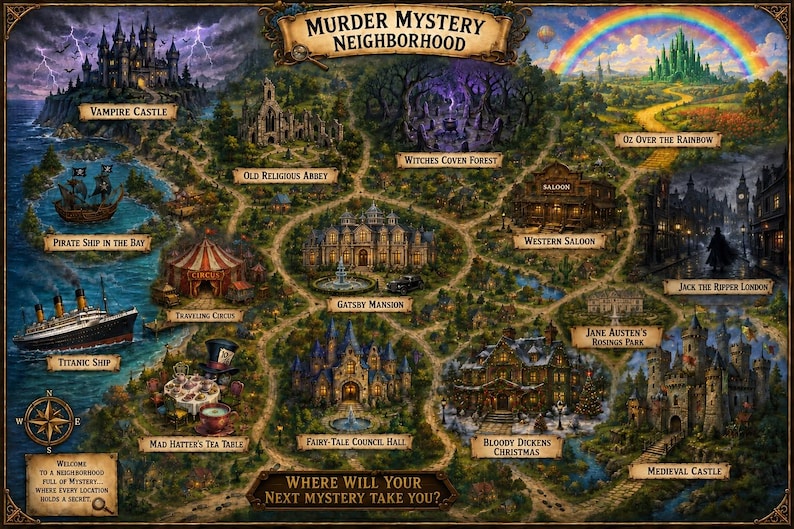 May include: A detailed map titled Murder Mystery Neighborhood featuring various illustrated locations including a Vampire Castle, Pirate Ship, Titanic Ship, Mad Hatter's Tea Table, Gatsby Mansion, Witches Coven Forest, and Oz Over The Rainbow.
