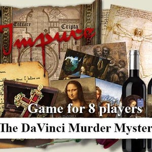 May include: A murder mystery game set featuring two wine bottles with labels depicting the Mona Lisa, a decorative cross, a scroll with handwritten text, and a background collage of Leonardo da Vinci's artwork including the Vitruvian Man.