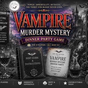 May include: An image promoting a Vampire Murder Mystery Dinner Party Game. The gothic-themed image includes a full moon, bats, and a castle. The game includes a host guide, invitations, and is for 10 players, ages 16+.
