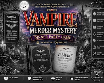 Ladda ner spelet VAMPIRE Murder Mystery middagsbjudning, direkt nedladdning. | Utskrivbara partyspel | Roliga familjespel.