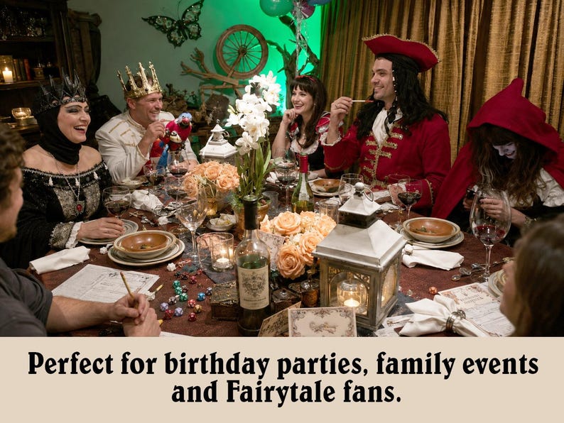 May include: A group of people in fairytale costumes including a queen, king, pirate, and red-hooded figure seated at a dining table with floral centerpieces, wine glasses, plates, a lantern, and dice. The text reads: Perfect for birthday parties, family events and Fairytale fans.