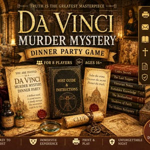 May include: A Da Vinci Murder Mystery Dinner Party game set. The image shows a stack of books, a magnifying glass, and a scroll with the word "CLUE". The game includes invitations, a full host guide, and religious relics and secrets.