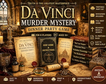 Da Vinci Murder Mystery Dinner Party Game, Printable 8 Player Whodunit PDF Kit, Dark Abbey Vatican, Adults 18+ Instant Download, Wine Labels