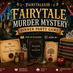 May include: A Fairytale Murder Mystery dinner party game for 10 players, ages 16 and up. Includes a host guide, instruction booklet, invitation, magnifying glass, small glass bottles labeled Eat Me and Truth Serum, and a stack of books with a tiara.