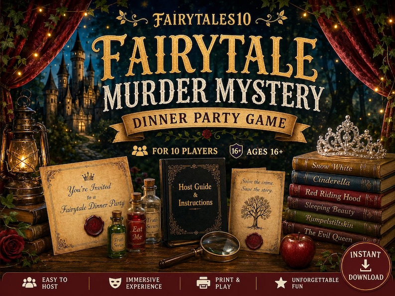 May include: A Fairytale Murder Mystery dinner party game for 10 players, ages 16 and up. Includes a host guide, instruction booklet, invitation, magnifying glass, small glass bottles labeled Eat Me and Truth Serum, and a stack of books with a tiara.