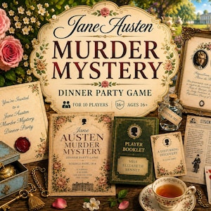 JANE AUSTEN Murder Mystery dinner party game download. Vintage style, booklets, clues ,Printable, Dinner Party, instant download.