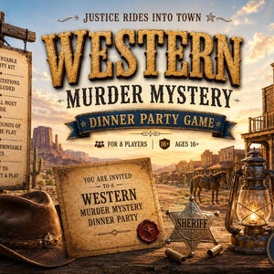 Jeu de rôle western pour dîner-enquête, kit PDF imprimable pour 8 joueurs, ambiance Far West, adultes 18+, téléchargement instantané, étiquettes de vin