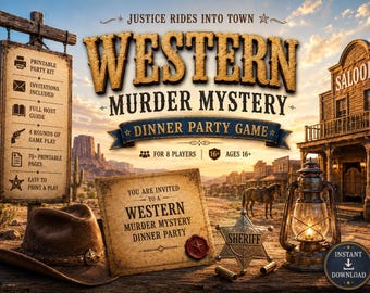 西部劇風殺人ミステリーディナーパーティーゲーム、印刷可能な8人用犯人探しPDFキット、西部開拓時代風、18歳以上対象、即時ダウンロード、ワインラベル付き