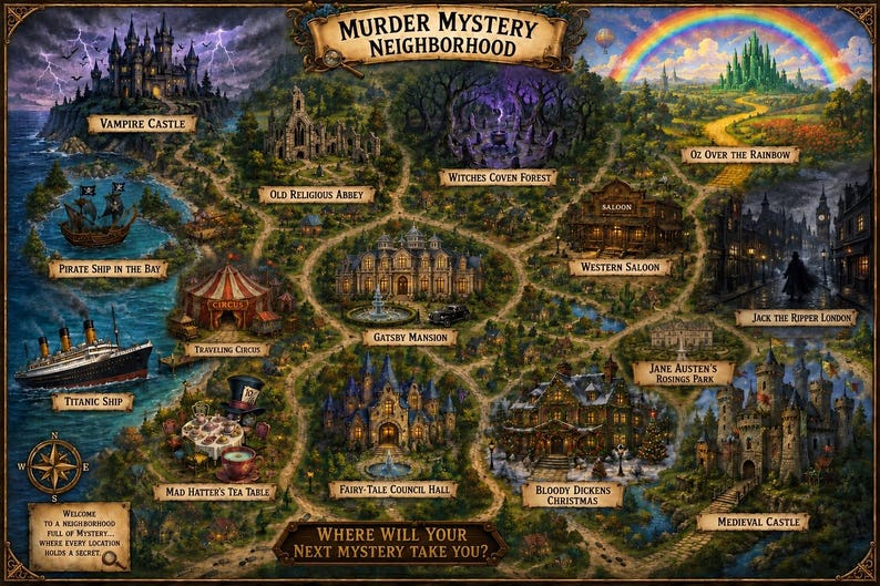May include: A detailed map titled Murder Mystery Neighborhood featuring various illustrated locations including a Vampire Castle, Pirate Ship, Titanic Ship, Mad Hatter's Tea Table, Gatsby Mansion, Witches Coven Forest, and Oz Over The Rainbow.
