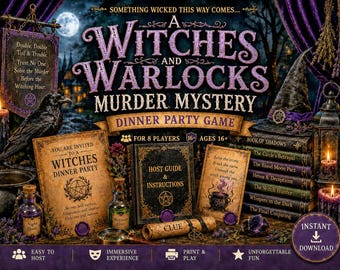 Witches and Warlocks, murder mystery dinner party game. Instant Download. | Printable Party Games | Family Fun Games,