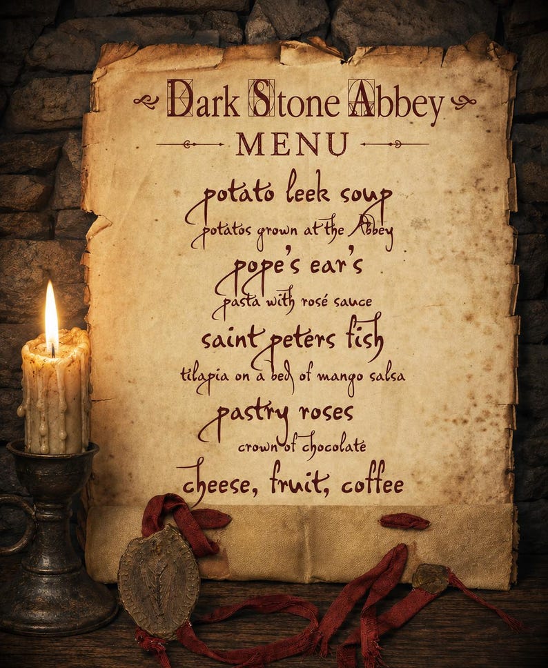 May include: A vintage-style menu from the Dark Stone Abbey, featuring handwritten text on aged parchment. The menu lists dishes like potato leek soup, Pope's Ears pasta, and Saint Peter's fish. A lit candle in a decorative holder sits to the left.