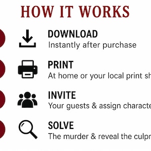 May include: An instructional graphic titled HOW IT WORKS with four numbered steps in dark red circles. Step 1: DOWNLOAD with a down arrow icon. Step 2: PRINT with a printer icon. Step 3: INVITE with a group icon. Step 4: SOLVE with a magnifying glass icon.