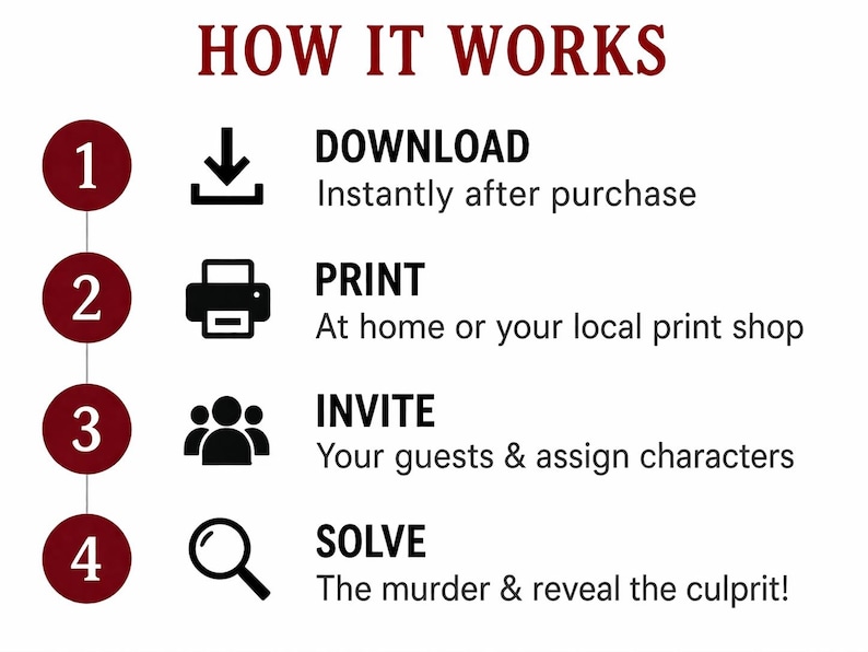 May include: An instructional graphic titled HOW IT WORKS with four numbered steps in dark red circles. Step 1: DOWNLOAD with a down arrow icon. Step 2: PRINT with a printer icon. Step 3: INVITE with a group icon. Step 4: SOLVE with a magnifying glass icon.