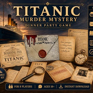 TITANIC murder mystery dinner party game, Printable 8 Player Whodunit PDF Kit, Adults 18+ Instant Download, Wine Labels
