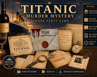 TITANIC murder mystery dinner party game, Printable 8 Player Whodunit PDF Kit, Adults 18+ Instant Download, Wine Labels