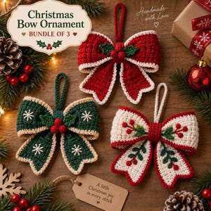 May include: A bundle of three crochet bow ornaments featuring festive designs. One bow is red with white trim and holly berries, one is dark green with white snowflakes and holly berries, and one is cream with red trim and embroidered holly sprigs.
