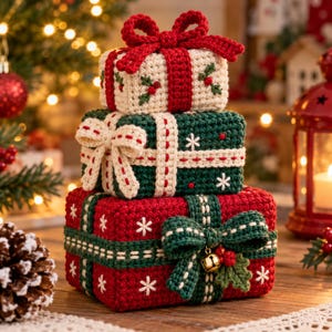 Crochet Christmas Gift Box Stack Pattern, Festive Holiday Present Decor, PDF