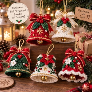 May include: A bundle of five crocheted Christmas bell ornaments featuring red, white, and green yarn, gold hanging cords, and small metallic bells. Each bell is decorated with crocheted bows, holly leaves, berries, and gold snowflake accents.