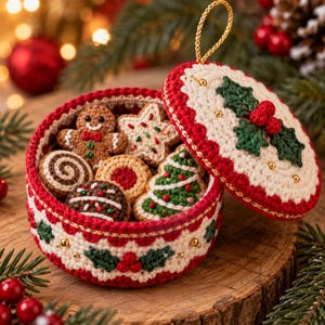 May include: A round, crocheted container with a removable lid, decorated with red and white patterns and green holly leaves. Inside are several small, crocheted cookie shapes, including a gingerbread person, a star, and a tree.