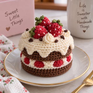 May include: A crocheted chocolate cake with cream frosting, topped with three red strawberries and small brown chocolate chips. The cake features a middle layer of cream and red strawberry slices, all resting on a white plate with a gold rim.