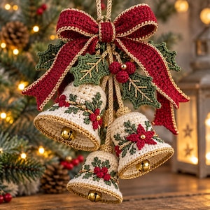 May include: A decorative hanging ornament featuring three cream-colored crocheted bells with gold-toned metal clappers. The bells are adorned with embroidered red poinsettias and green holly leaves, topped with a large red crocheted bow and holly.