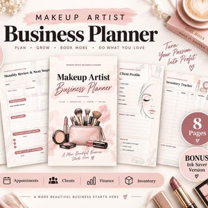 May include: A printable A4 PDF makeup artist business planner set featuring eight pages including a monthly business overview, client profile, and inventory tracker. The cover displays makeup brushes, lipstick, and compacts in soft pink tones.