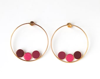 XL studs earrings, big ring with 3 leather confettis, golplated - TRIO