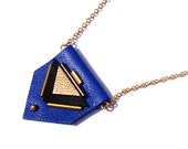 Leather necklace, grafic triangles, handstitched beads, gold plated, blue
