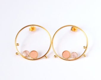 Gold ring studs, goldplated french jewelry, leather touch - NIL