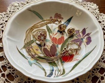 Tigela de porcelana vintage Toyo Royal Bouquet, porta-joias com tulipas douradas, decoração de penteadeira estilo cottagecore (20 cm)