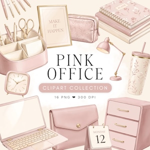 Könnte beinhalten: Eine Sammlung rosa Büroartikel, darunter ein Schreibtisch-Organizer mit Stiften und Schere, ein gerahmtes Schild mit der Aufschrift MAKE IT HAPPEN, ein Blumenplaner, eine Lampe, ein Becher, ein Laptop, eine Tasche, eine Uhr und eine Kommode.