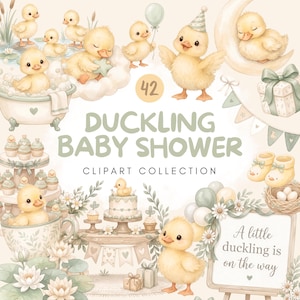 Puede incluir: Una colección de 42 ilustraciones digitales de patitos amarillos con temática de baby shower, que incluye patitos en una bañera, sobre una luna creciente, con globos, regalos, pastelitos y un letrero que dice A little duckling is on the way.
