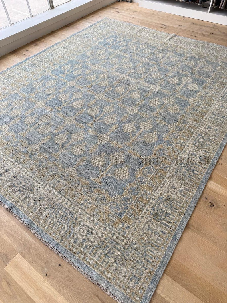 Vintage Blue Beige Floral Rugs 8x10, Handwoven Style Area Rug ...